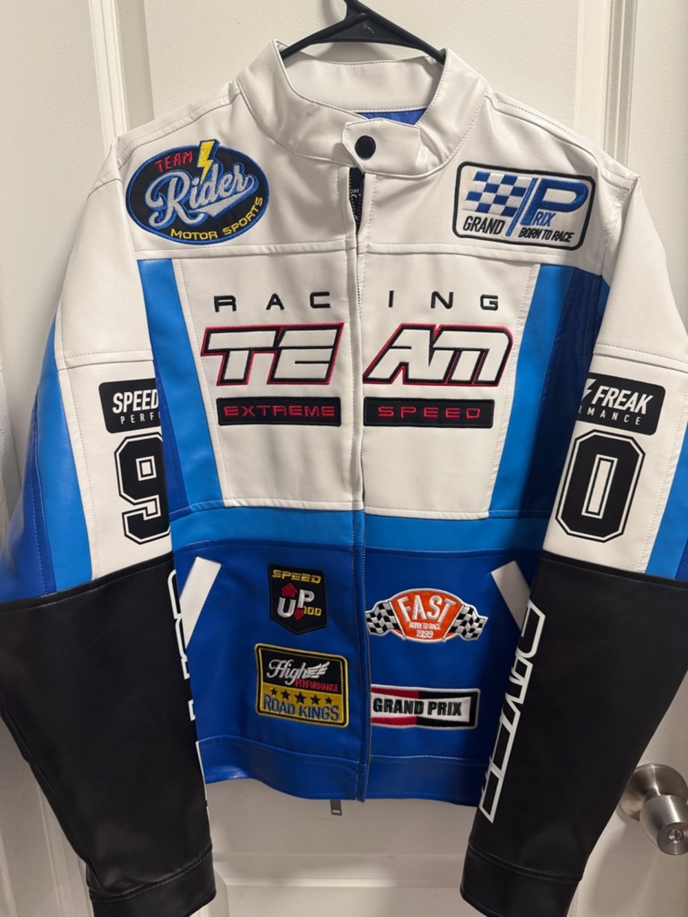 Team Racing Blue White Patchwork Motorcycle Jacket